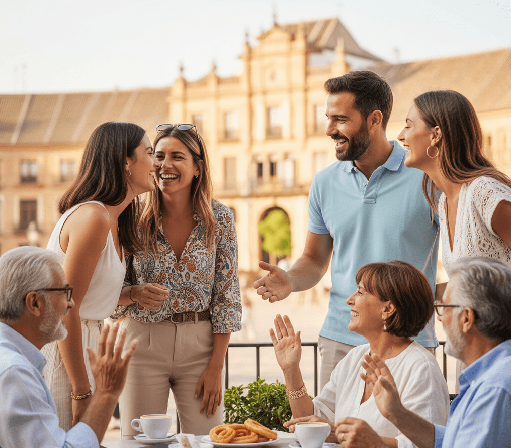 Friends greeting each other in Spanish.