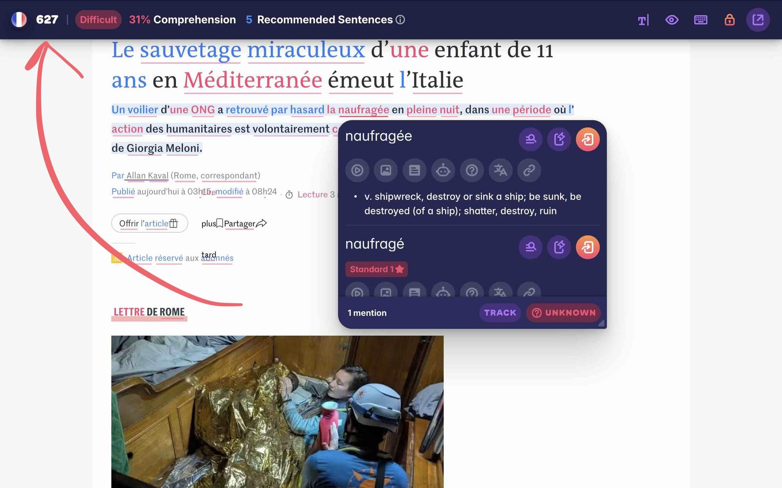 A screenshot of a French article from Le Monde, showing a learner that doesn't know many French words.