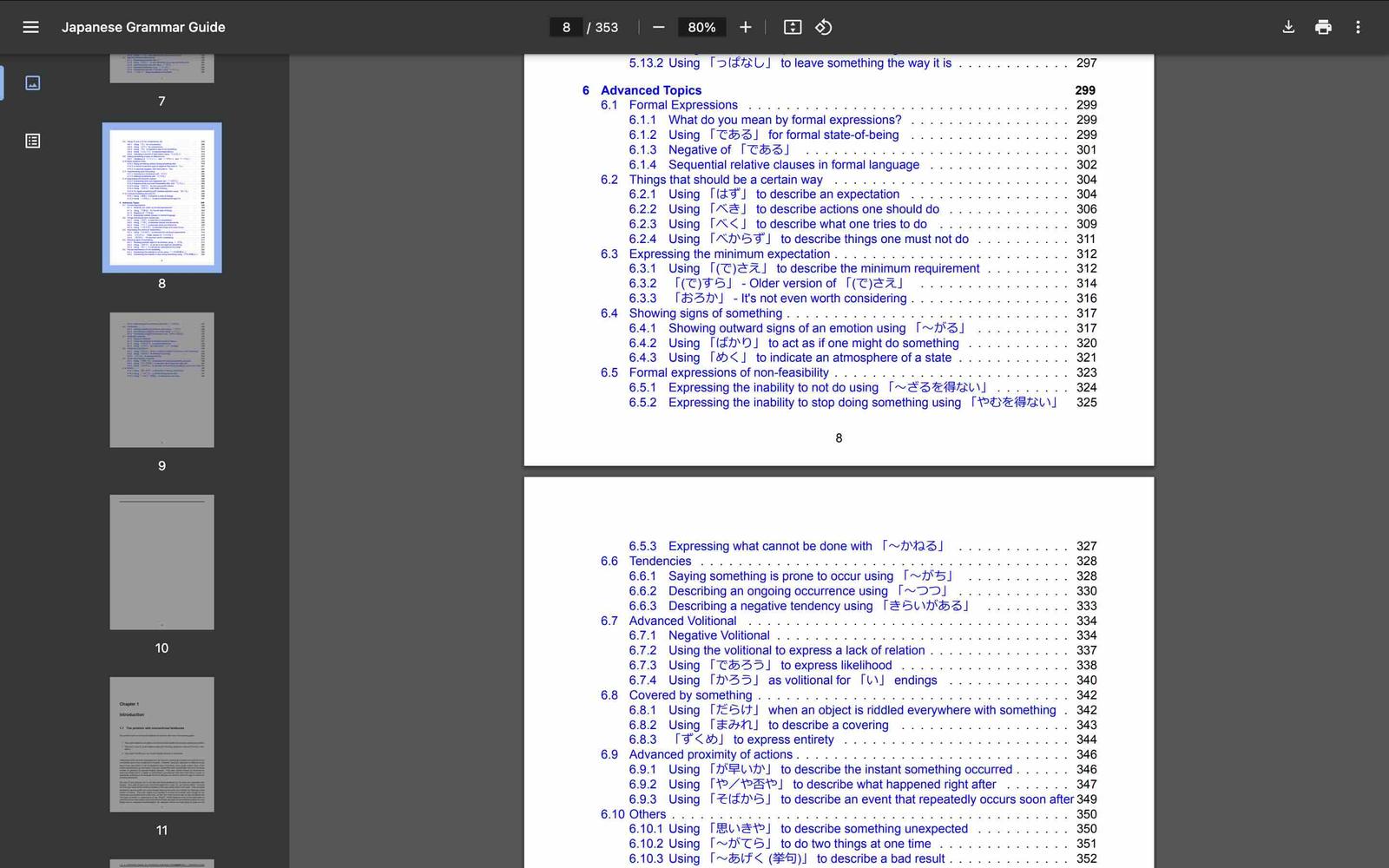 A screenshot from Tae Kim's Japanese textbook, showing what he's dubbed the 'advanced topics' section