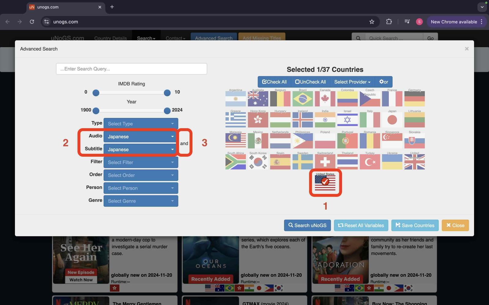 A screenshot of Unogs' advanced search interface, showing the settings you should use to find shows wih Japanese audio/subtitles that are available in the USA.