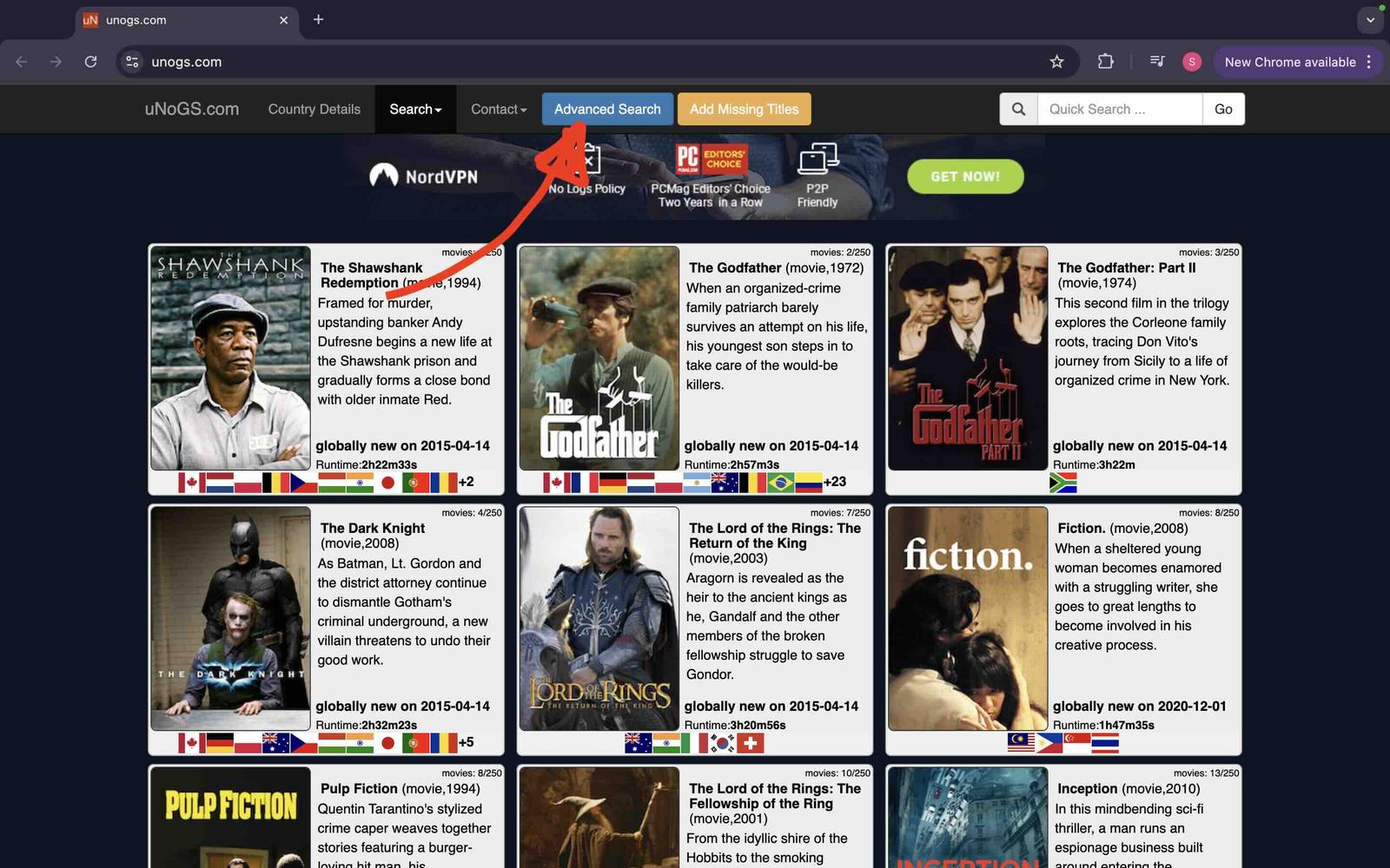 A screenshot of Unogs' homepage, a website showing which shows are available in a given Netflix region.