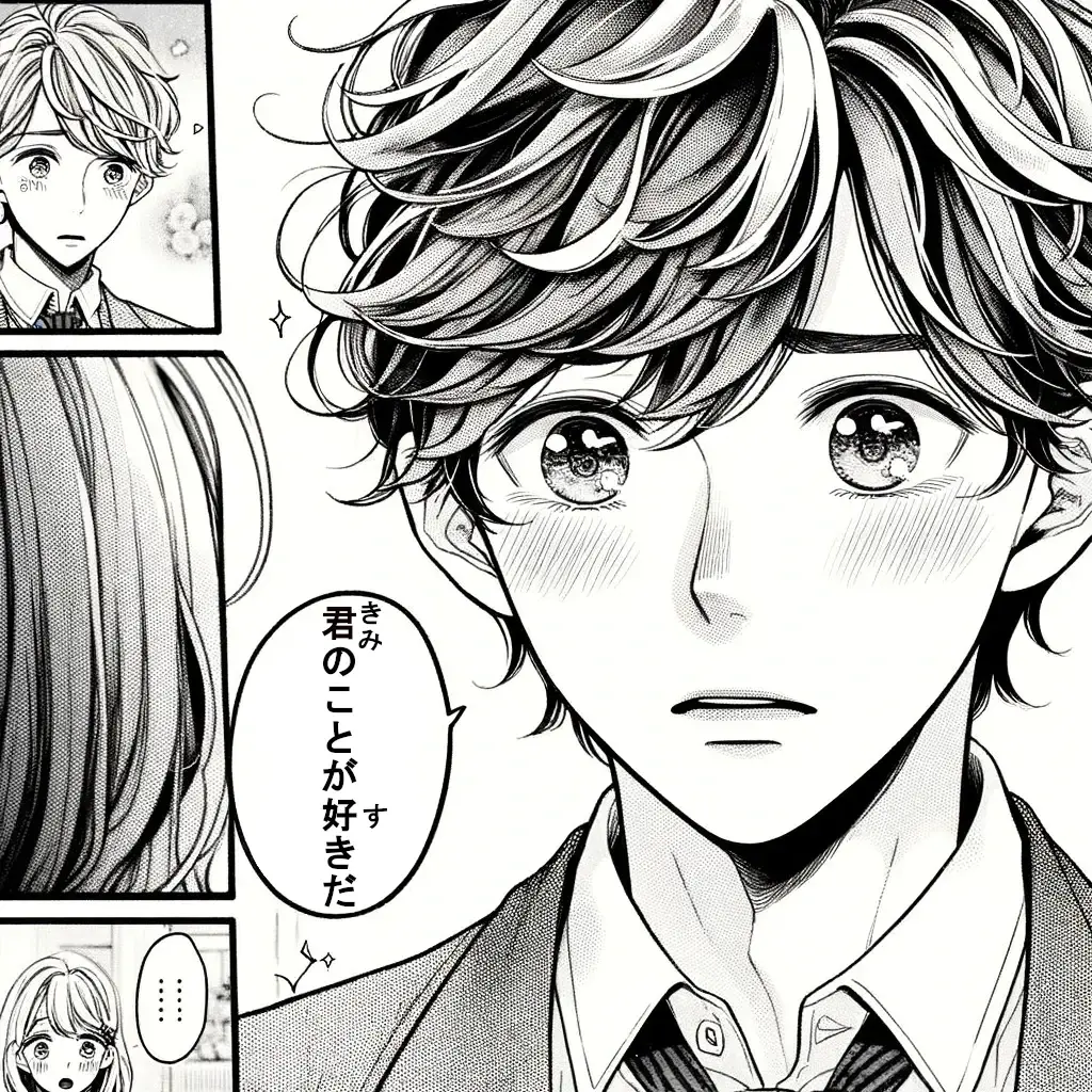 A page from a manga depicts a boy professing his feelings in Japanese, by saying 'I love you.'