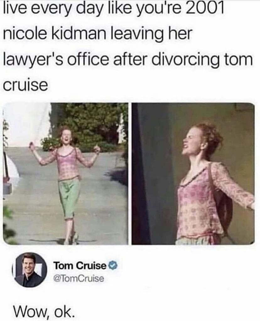 A photo demonstrating a woman's joy to be divorced from Tom Cruise, demonstrating the exclusive nature of the Japanese particle ga