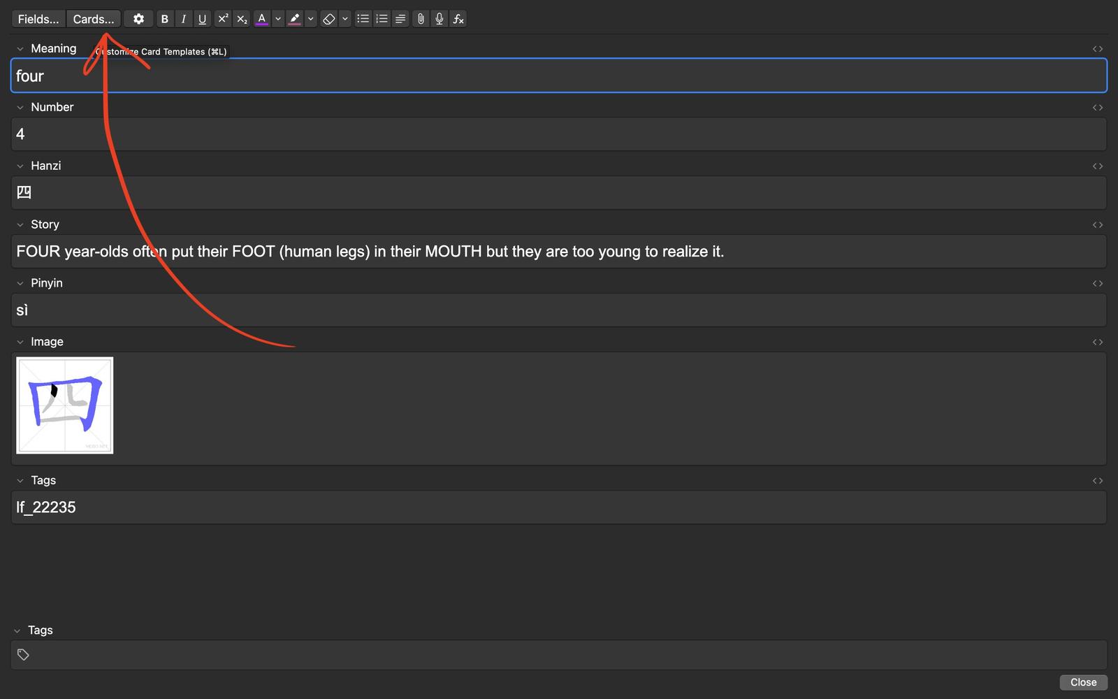 A screenshot showing Anki's card creator, part 1