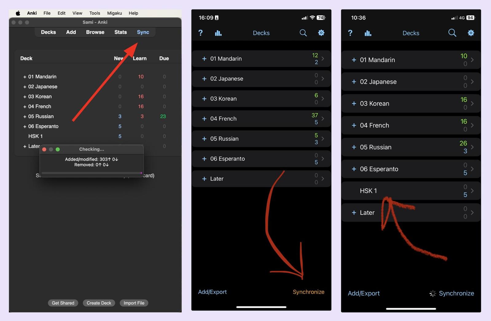 A screenshot how to sync your flashcards between desktop Anki and mobile Anki