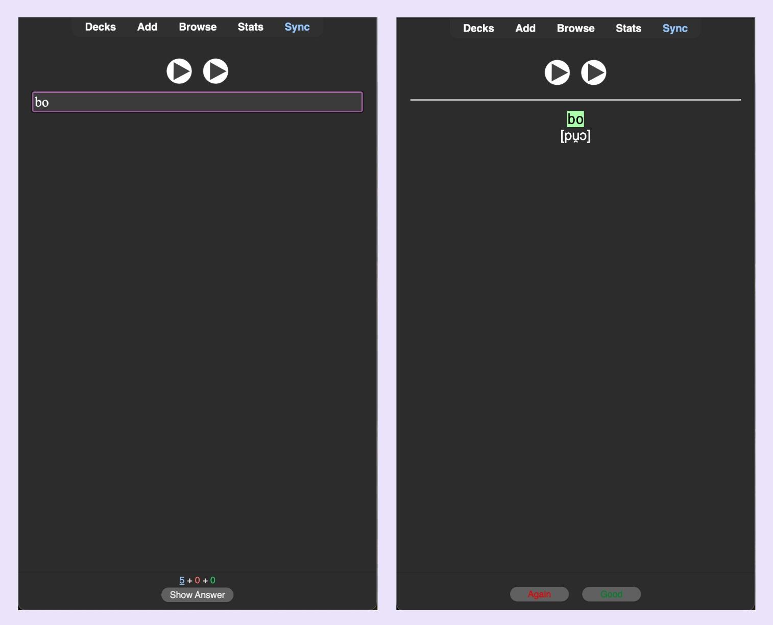 A screenshot of a deck of Anki flashcards for learning Pinyin