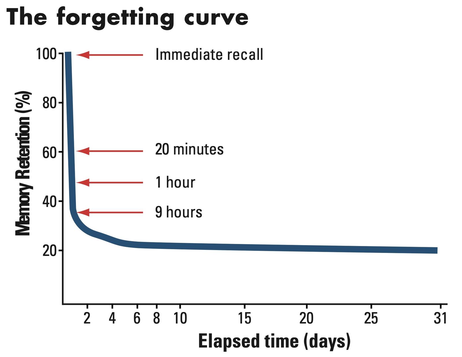 A representation of the forgetting curve, or the lifespan of a piece of information we never review.