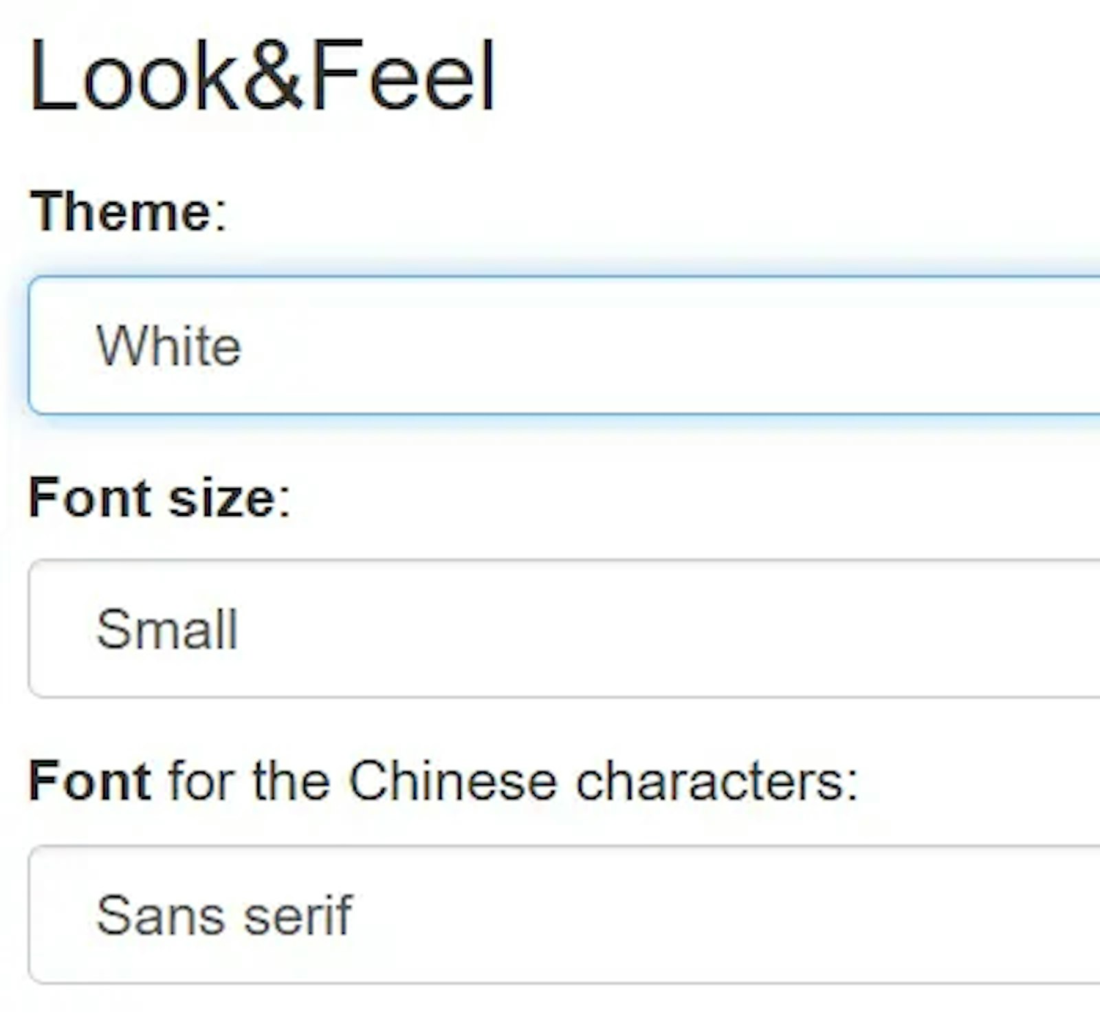 A screenshot of font options in Zhongzhong