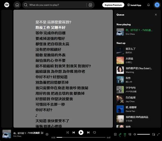 The Spotify lyrics page for a Chinese song.