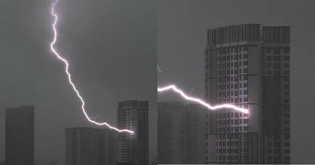 A photo of lightning bending to strike a specific apartment, demonstrating the exclusive nature of the Japanese particle ga