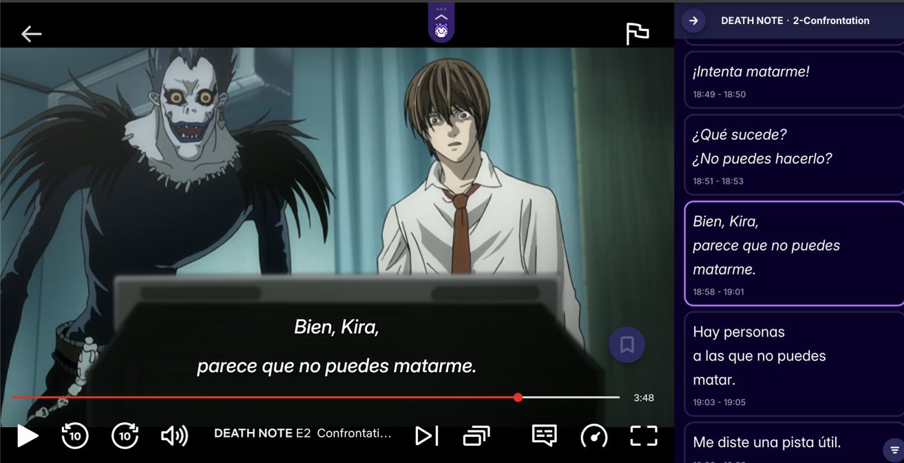 A screenshot from Migaku's Netflix player, showing the anime Death Note.