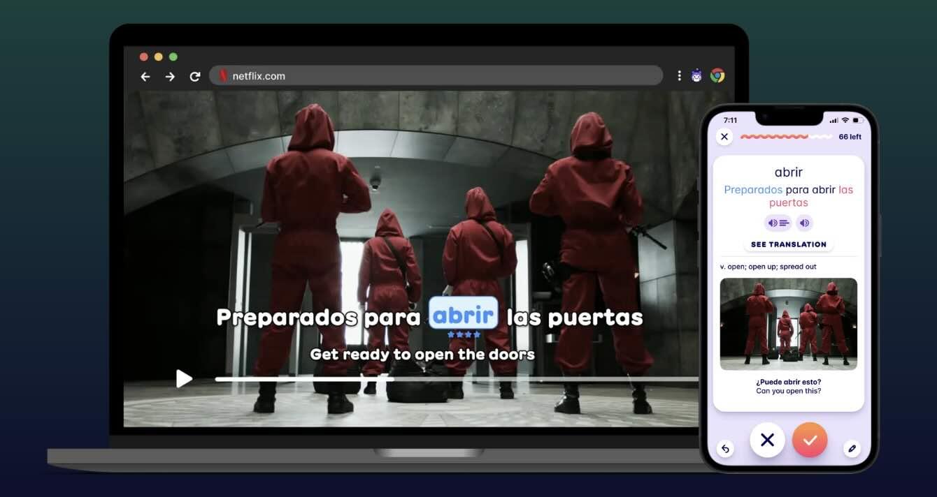 A demonstration of the flashcards that Migaku makes out of Spanish TV shows