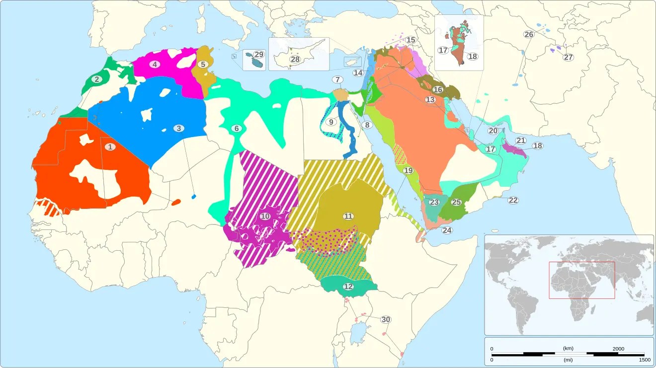 A map showing which Arabic languages/dialects are spoken where.