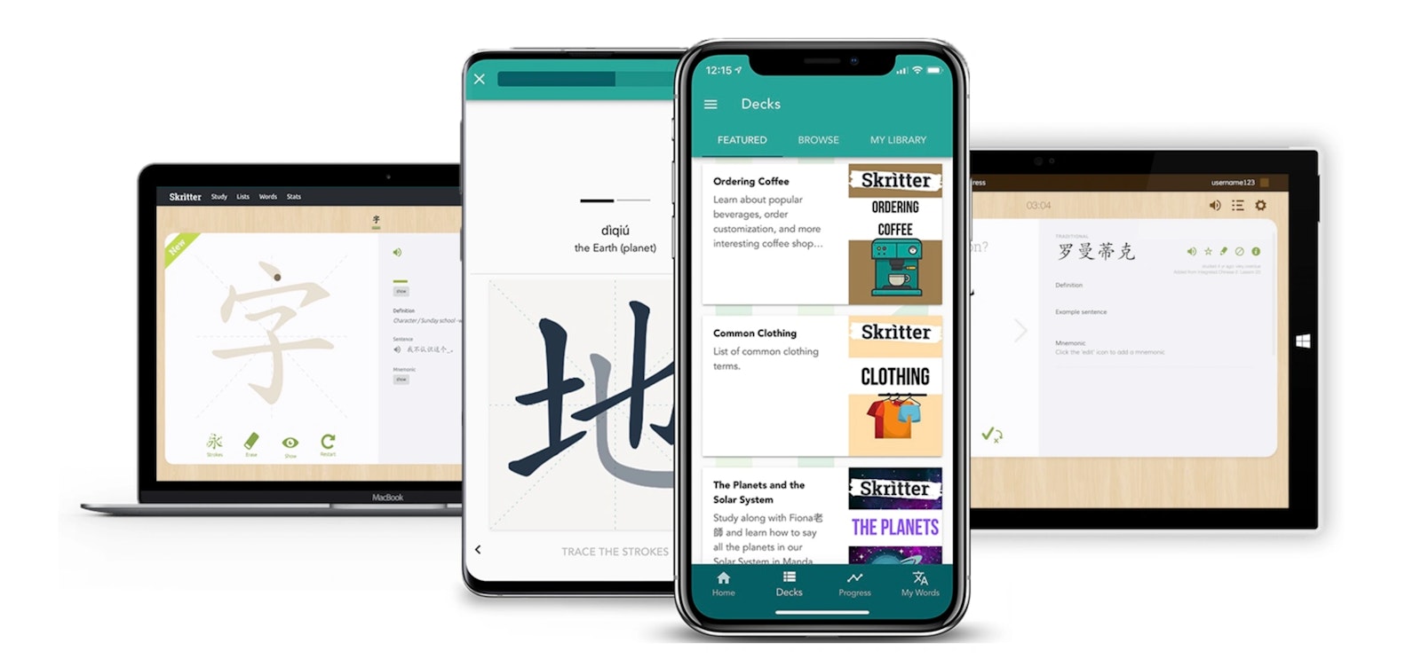 An exerpt from Skritter's landing page, showing the app and some of its functionalities.