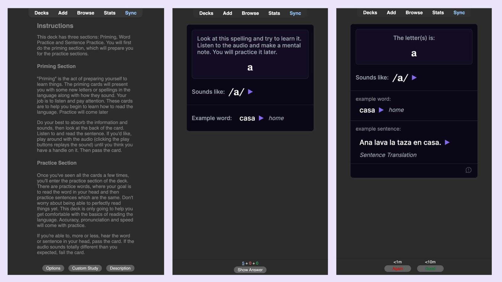 A screenshot an Anki deck that is designed to help you learn to read and pronounce Spanish words