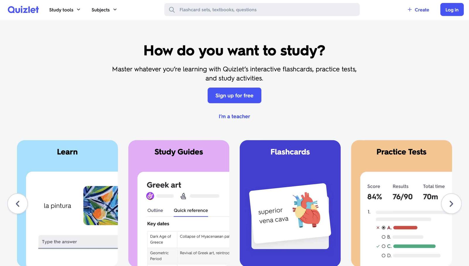 A screenshot of Quizlet's landing page, showing some of its spaced repetition features