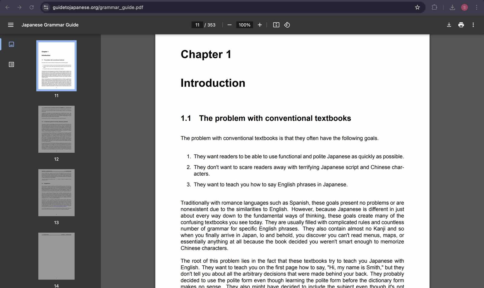 A screenshot of the first chapter of Tae Kim, 'the problem with conventional textbooks'