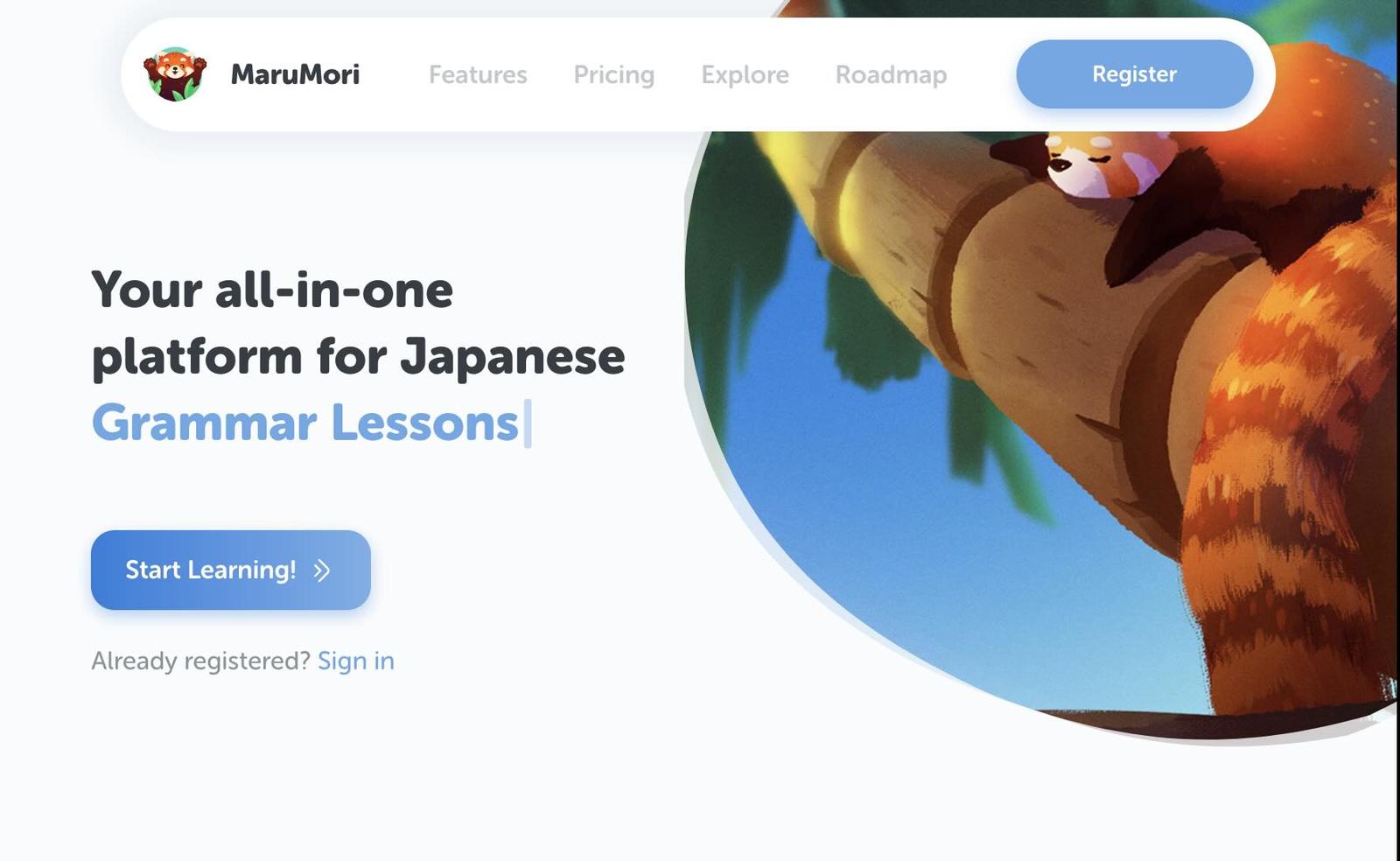 A screenshot of MaruMori's landing page, a web app for learning Japanese.