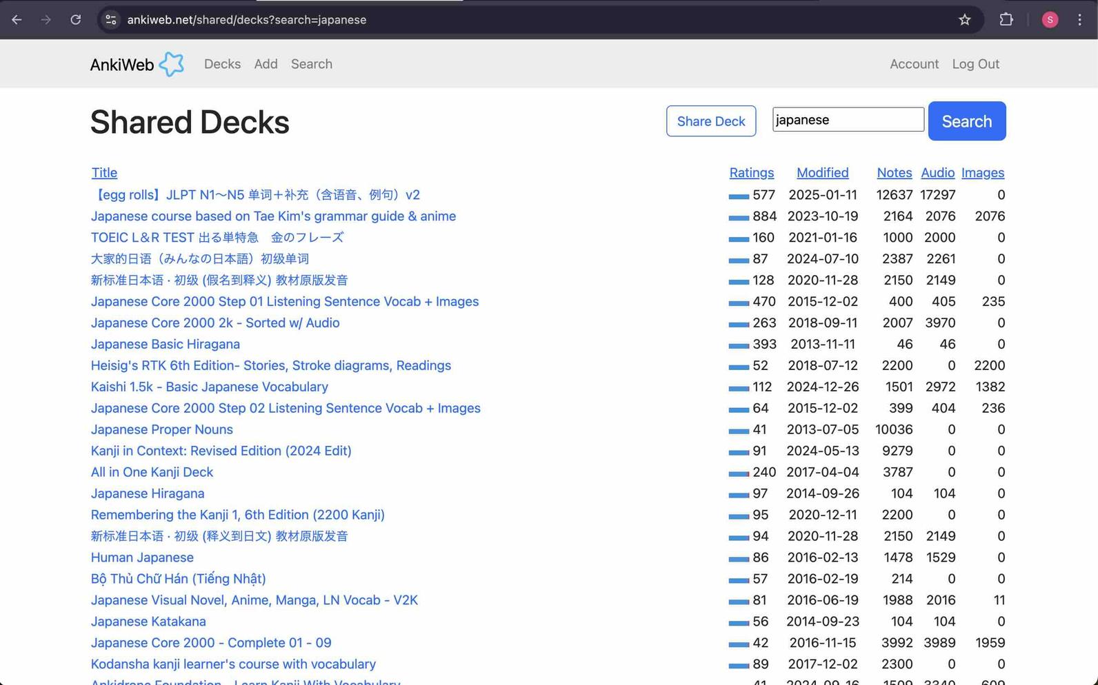 A screenshot of the shared Japanese decks available for free on Ankiweb.