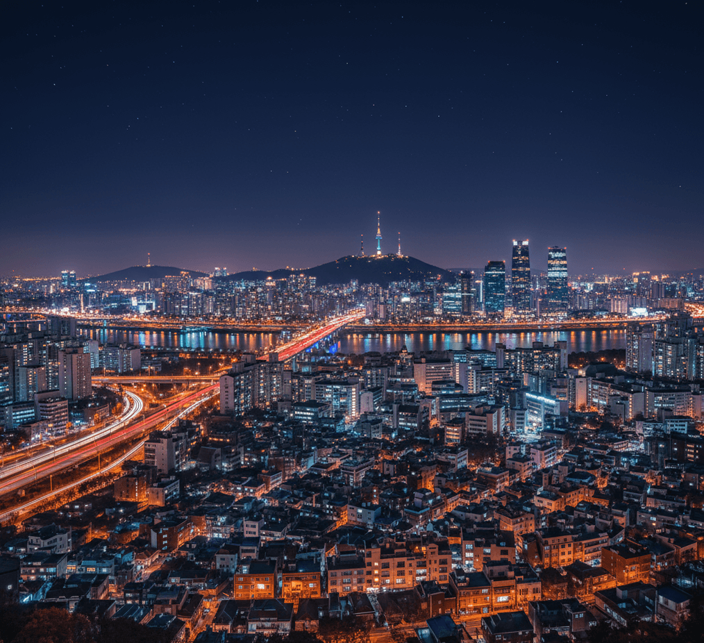 Night aerial view of Seoul, South Korea, with city lights and river.