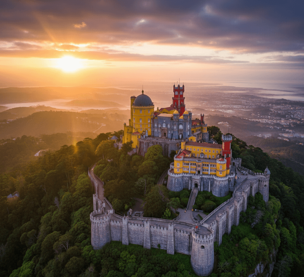 Aerial view of the colorful Pena Palace in Sintra, Portugal, at sunset.