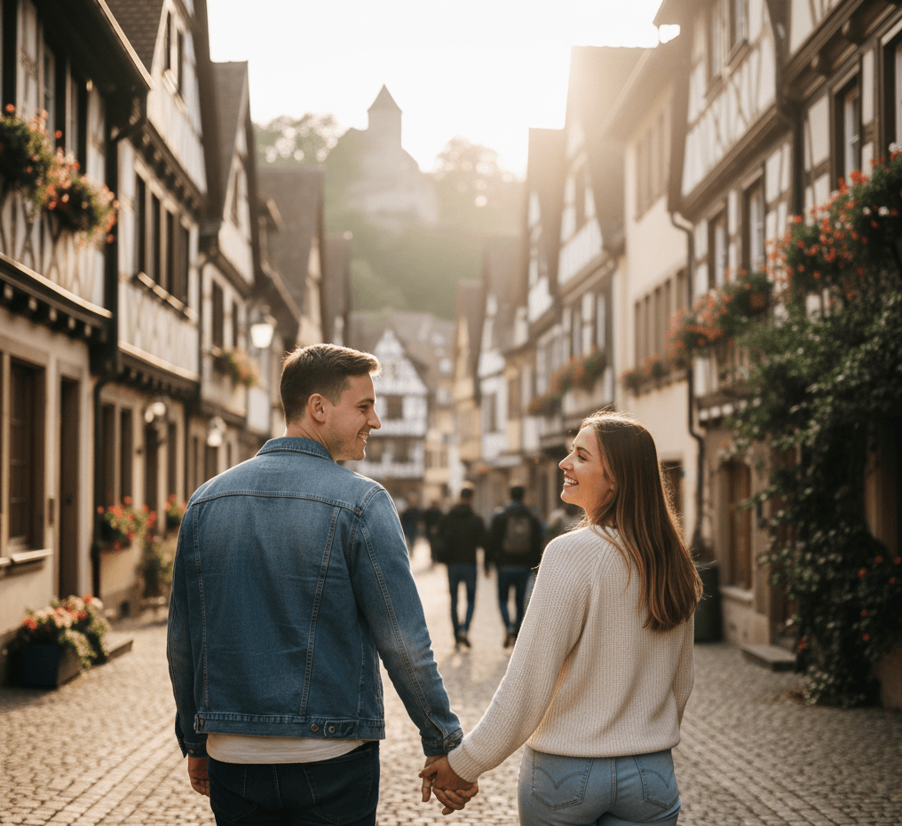 Two lovers walking hand-in-hand.