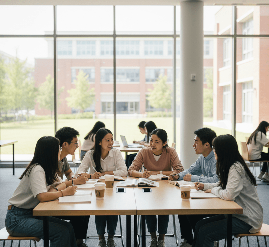 A photo of students studying various Chinese language materials.