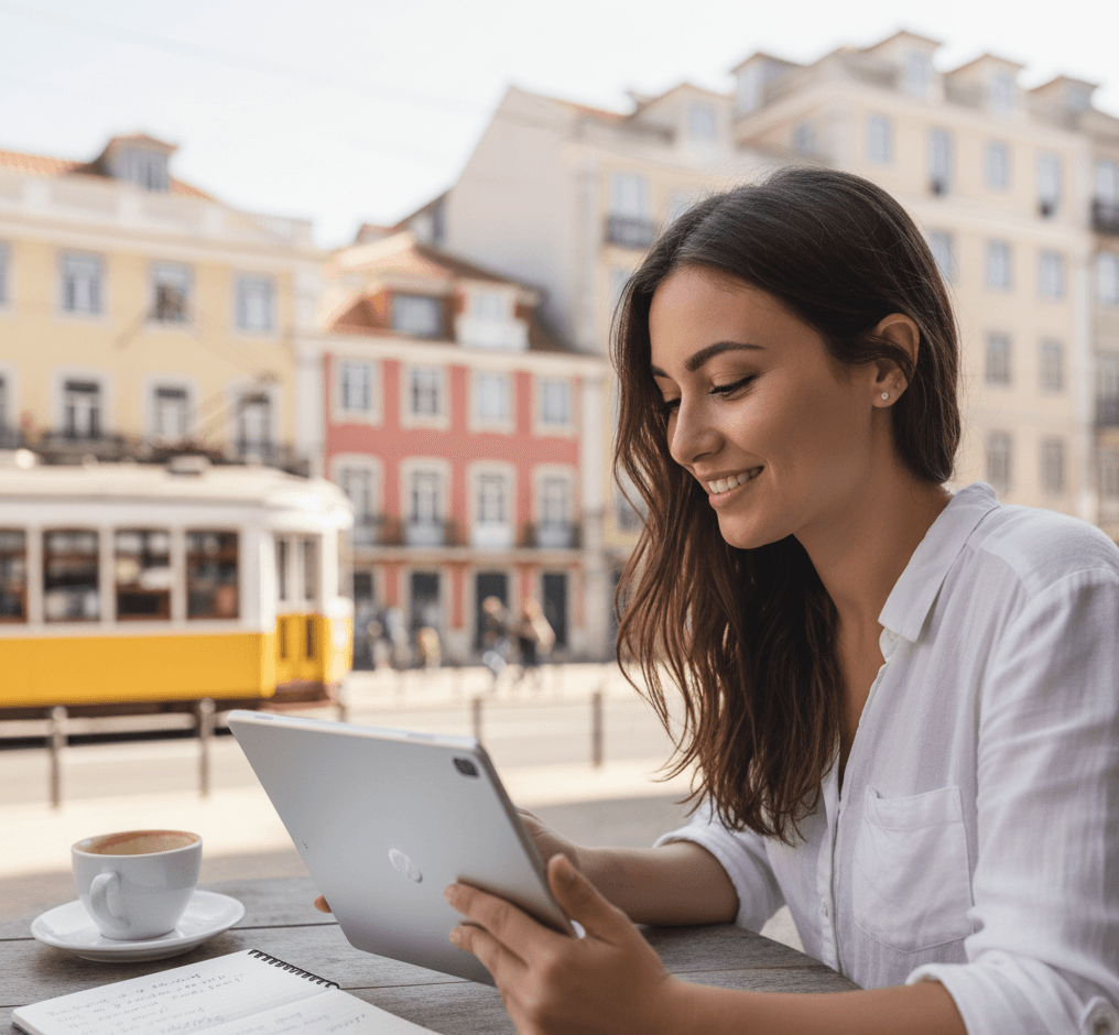 Woman learning Portuguese through her tablet.
