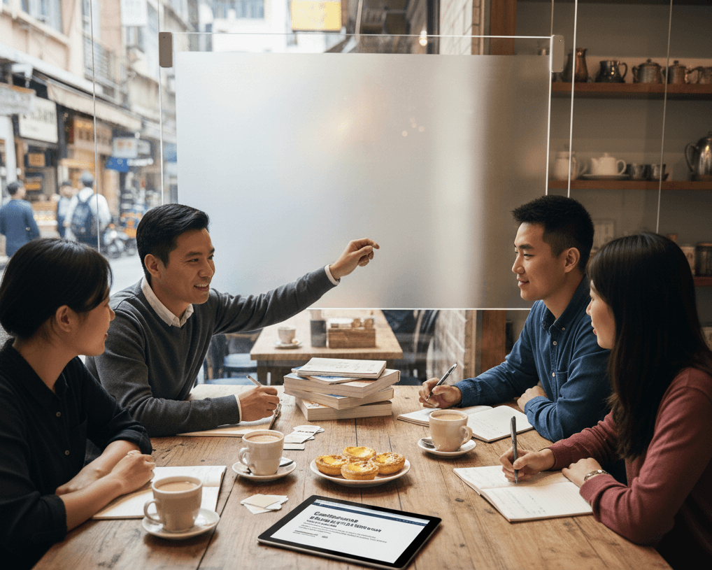 People in the coffee shop learning Cantonese.