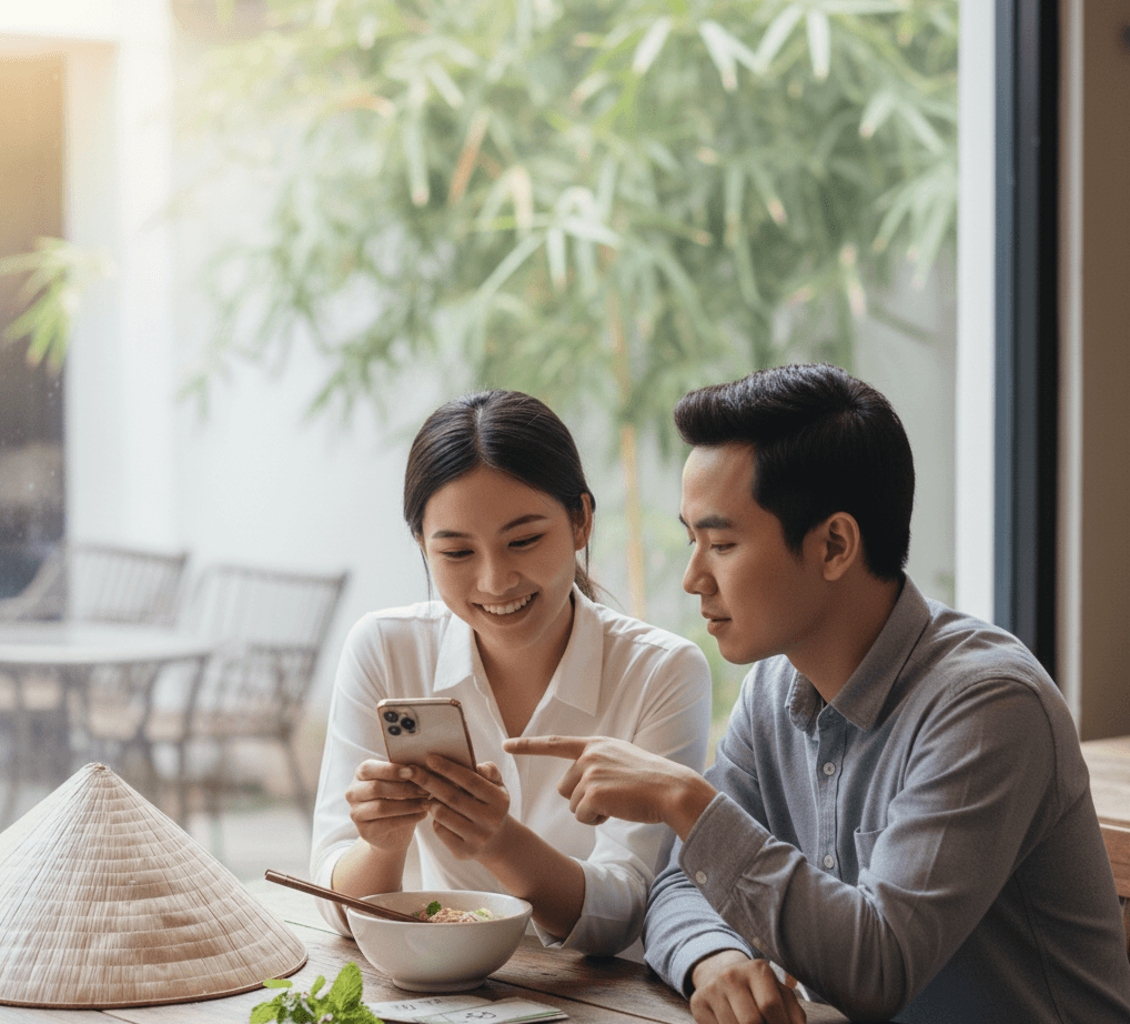 Two people learning Vietnamese through the phone.