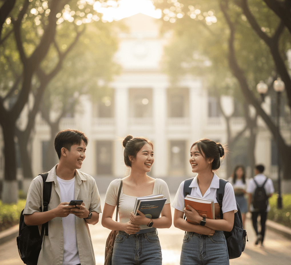 Students happily talking about learning the Vietnamese language.
