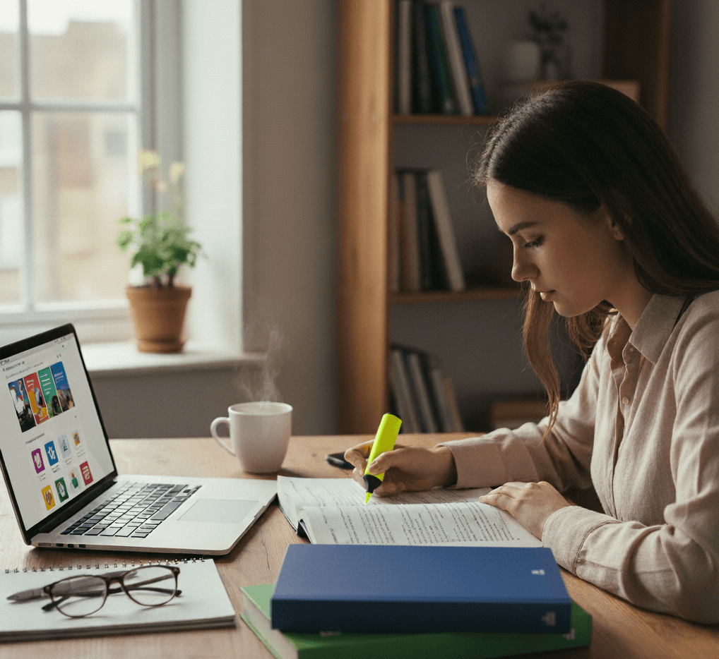 Woman studying English.