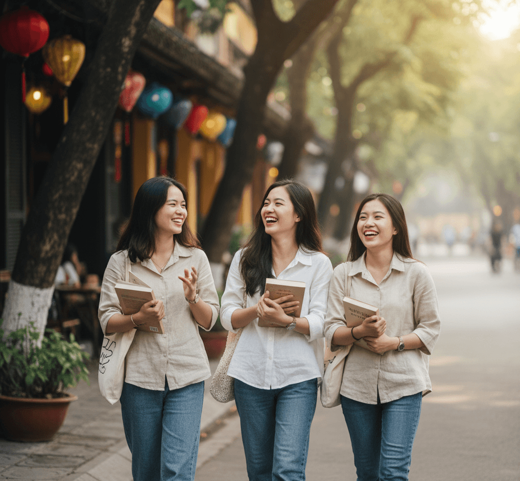 Women learning Vietnamese with textbooks.