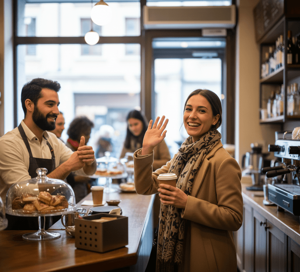 Lady saying goodbye in an Italian cafe.