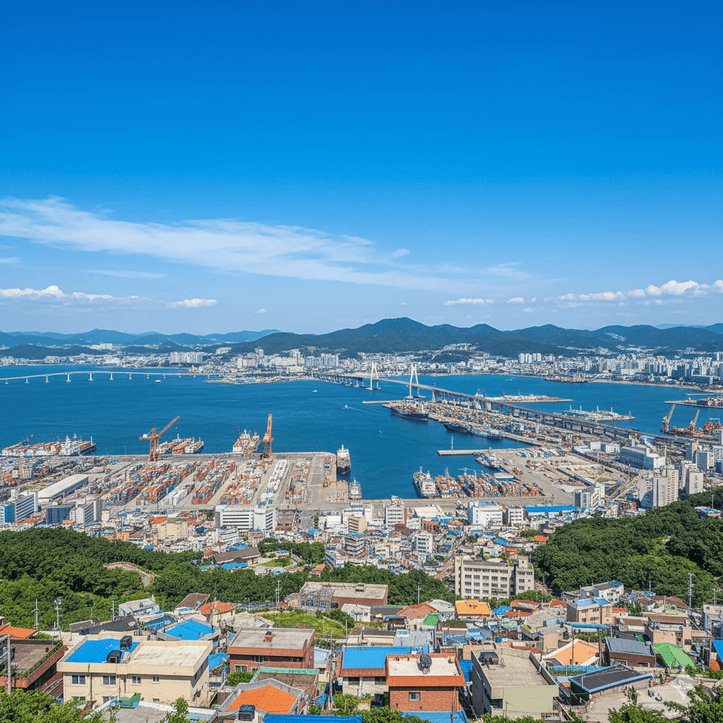 Panoramic view of a bustling port city in Busan, South Korea, under a clear sky.