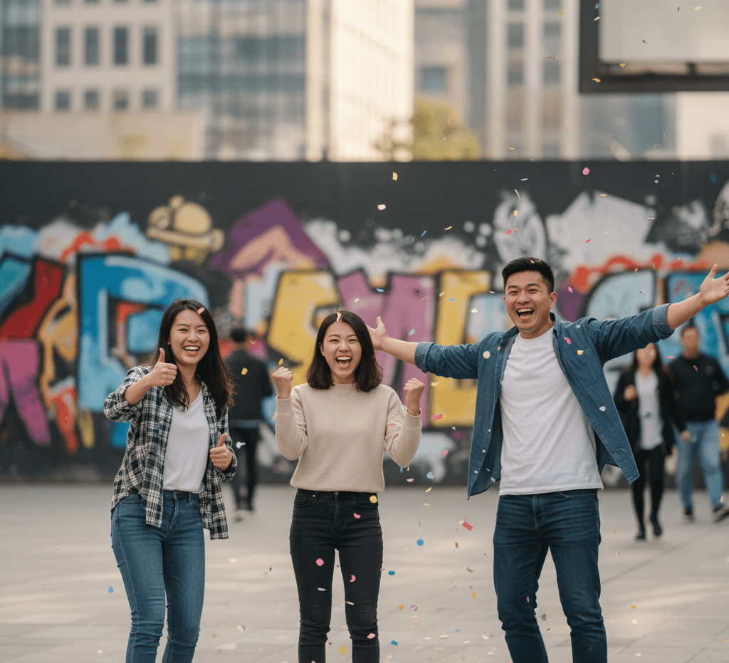 People celebrating with a 'yes' pose.