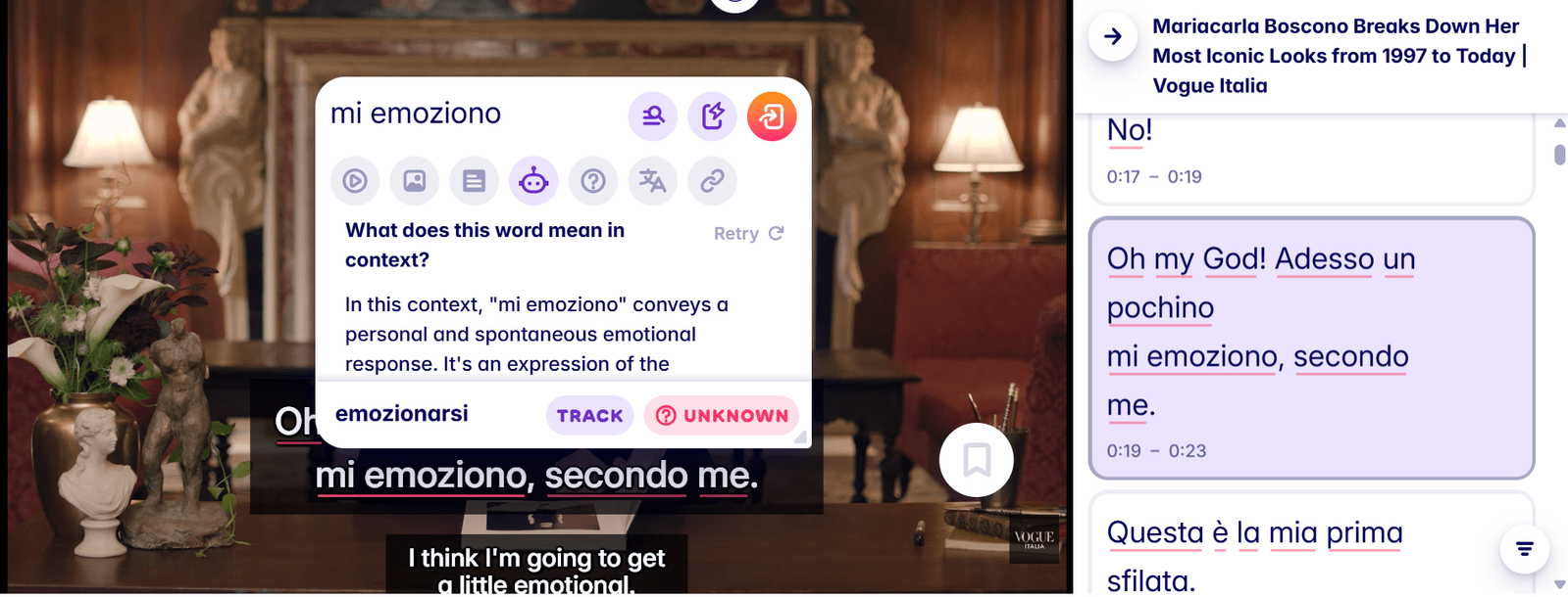 watch videos with english, italian translation, and dictionary with migaku