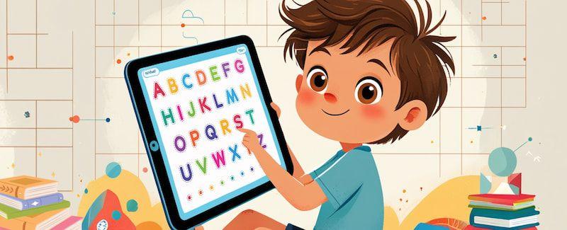 Kid learning through his tablet.