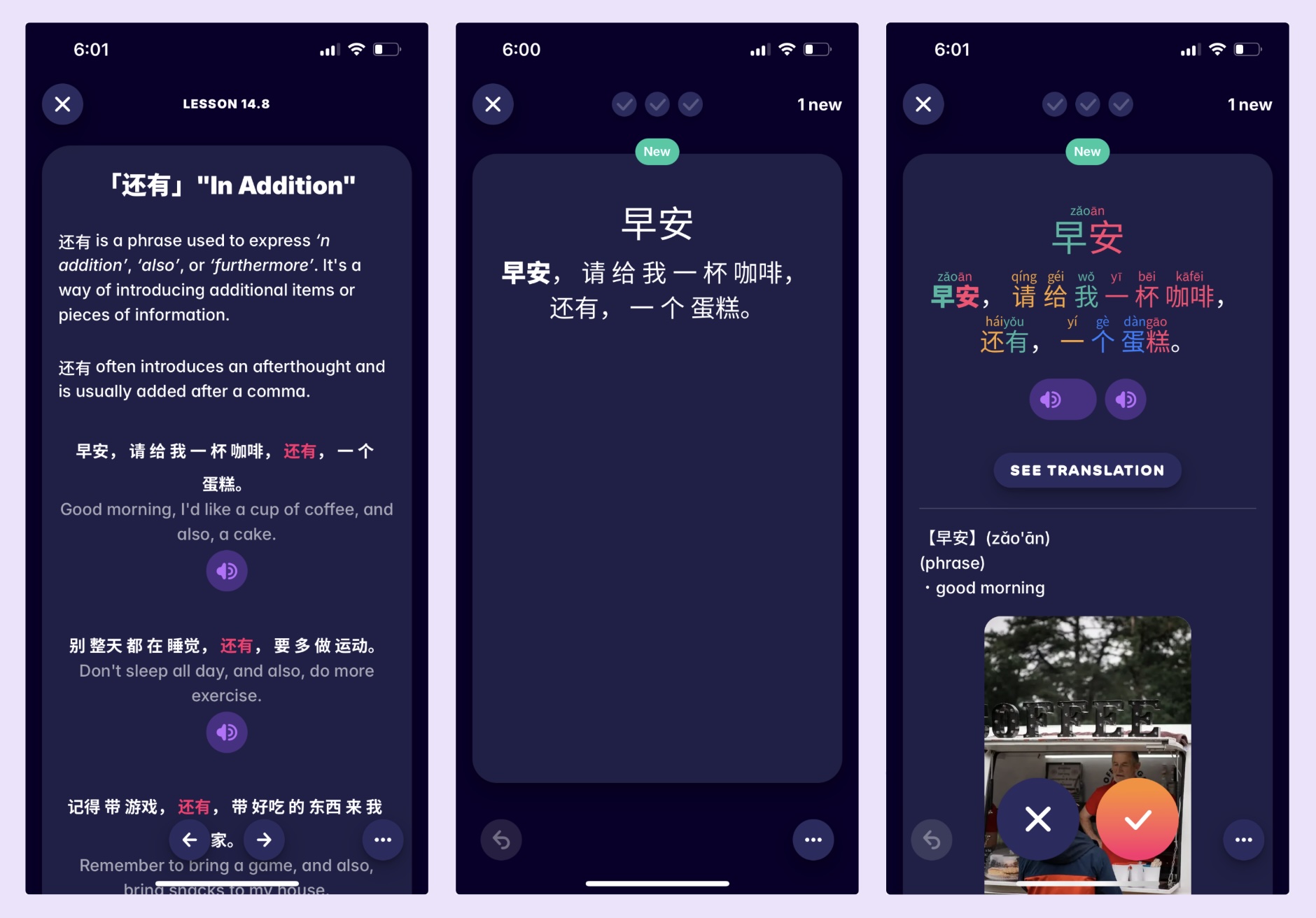 A screenshot from our Migaku Chinese Academy, showing how we help users learn Chinese vocabulary and grammar