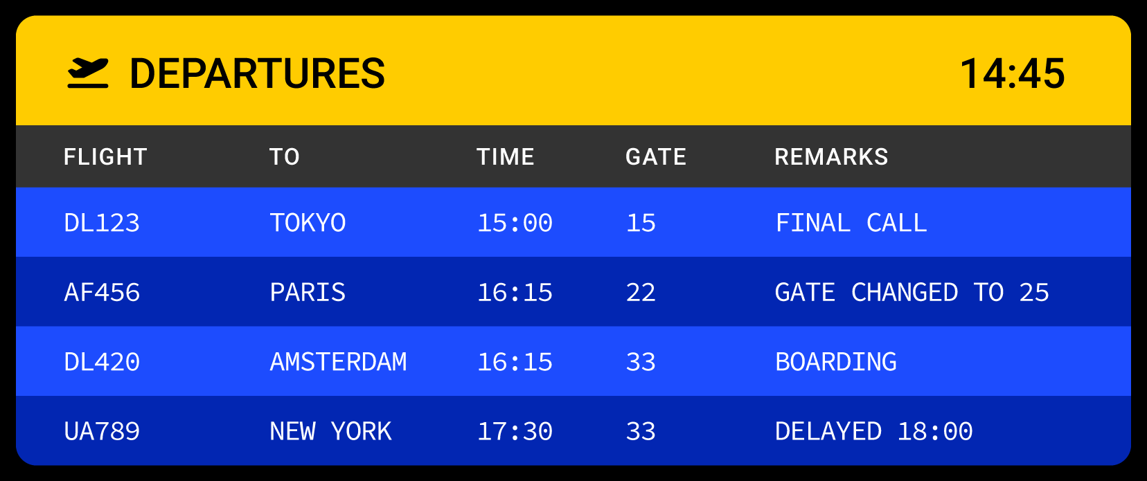 A mockup of an arrivals and departures board, like the one you'd see in an aiport
