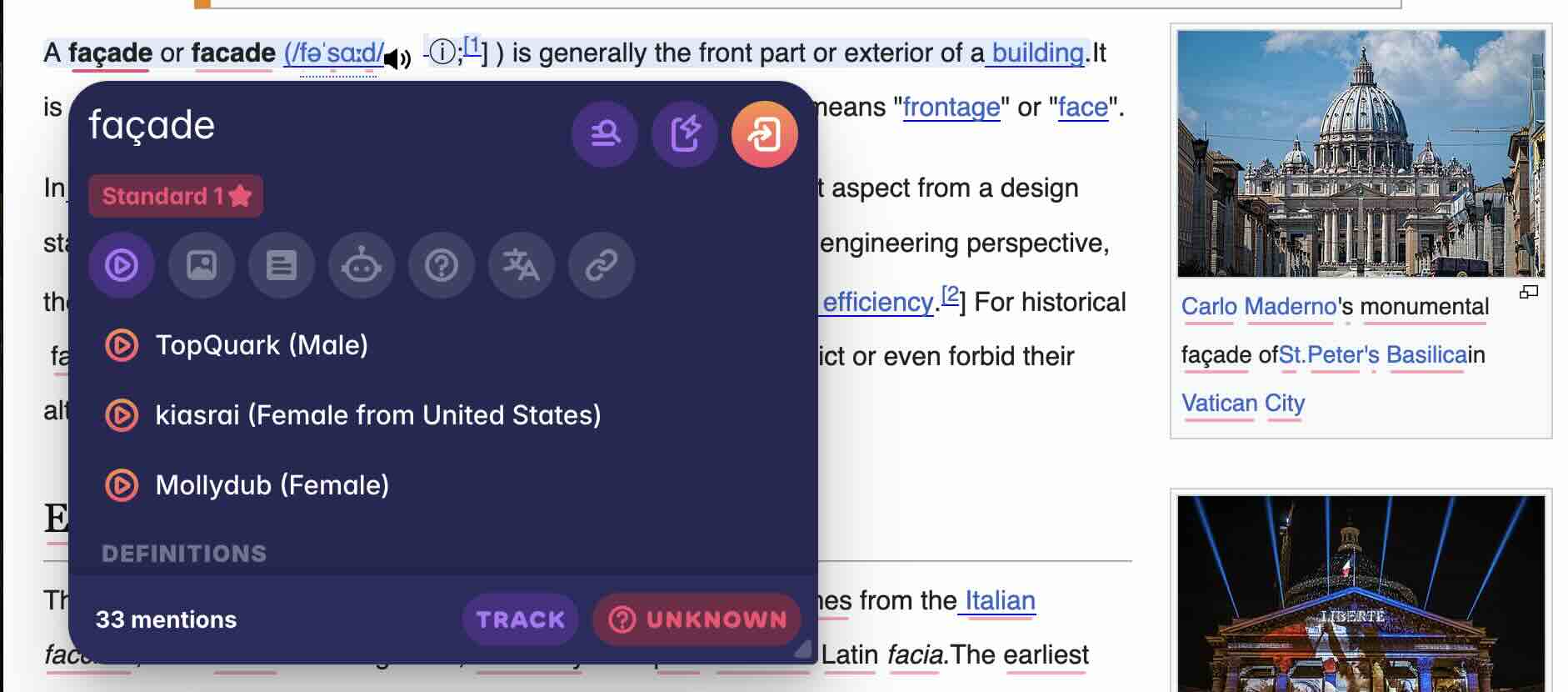A screenshot of a Wikipedia page showing the word 'facade', which is an example of an English word you might not know how to spell just by looking at it.