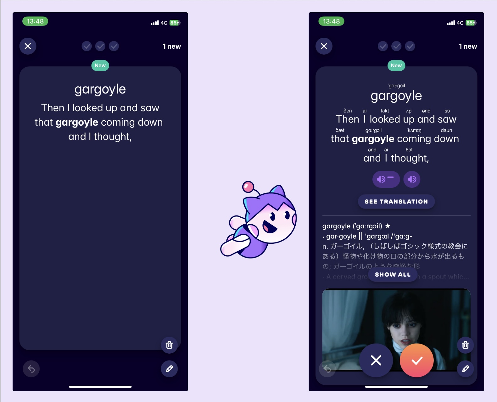 A screenshot of the flaschard that Migaku automatically created from the drama Wednesday
