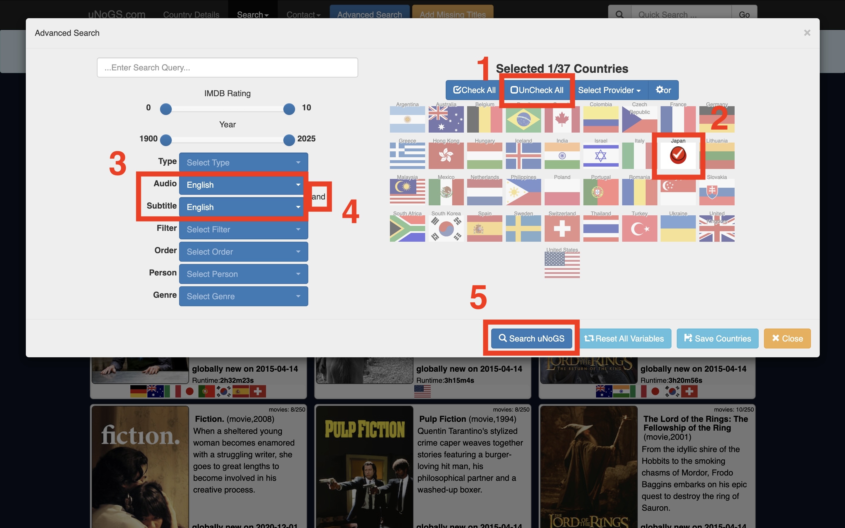 A screenshot of uNoGS' options screen, showing the settings you should enable.