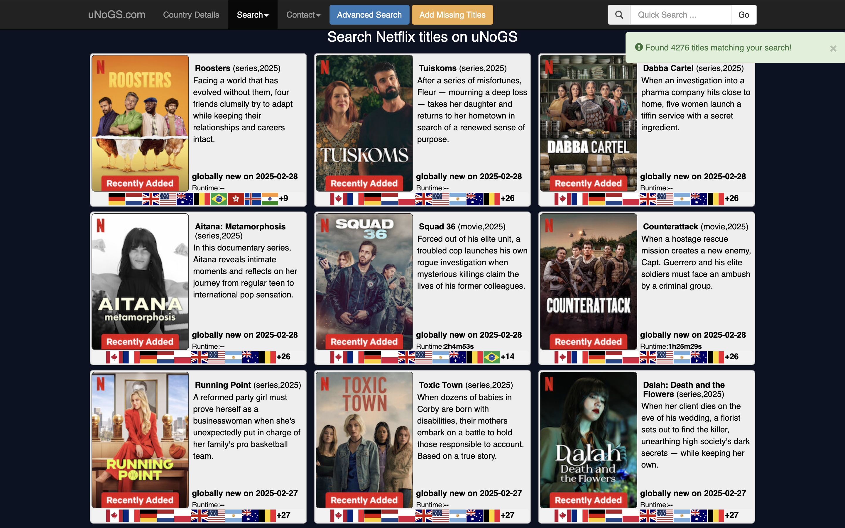 A screenshot of uNoGS' results screen, showing the Netflix shows with EN audio/subtitles available to watch in Japan.