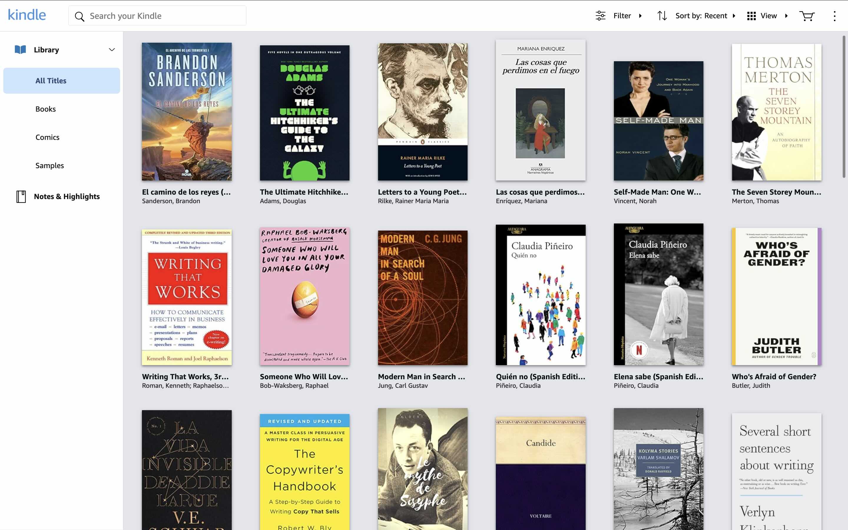 A screenshot of the Kindle library interface