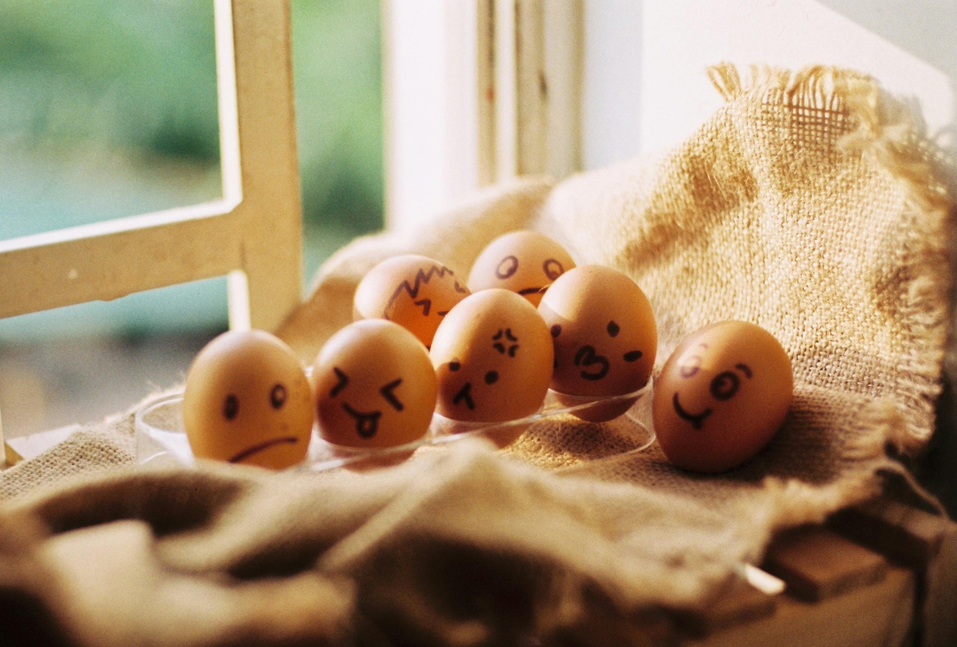 A bunch of eggs a carton, about to miss their dear comrade who was sacrificed to the skillet