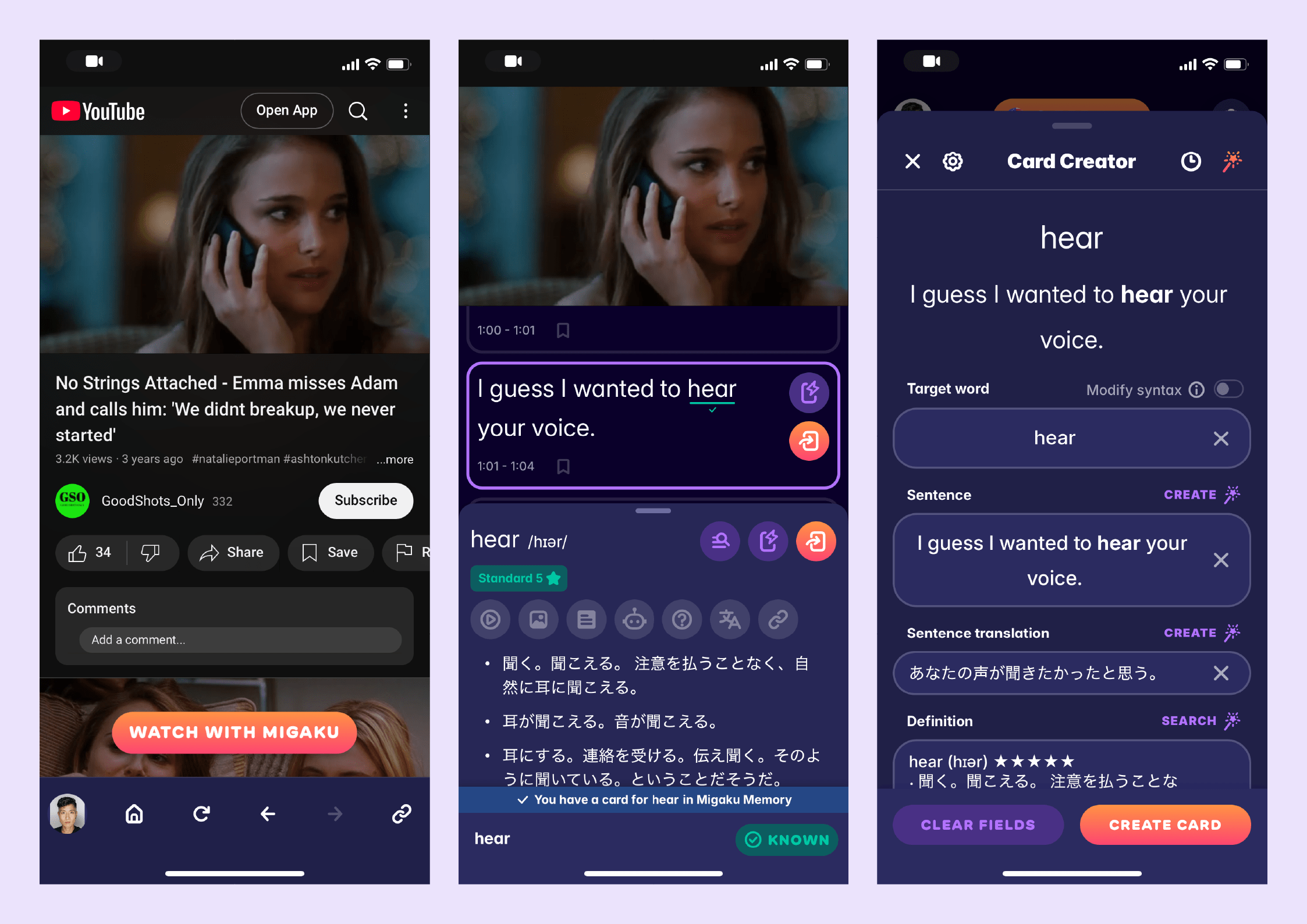 A screenshot of a mobile YouTube video, as enhanced by Migaku