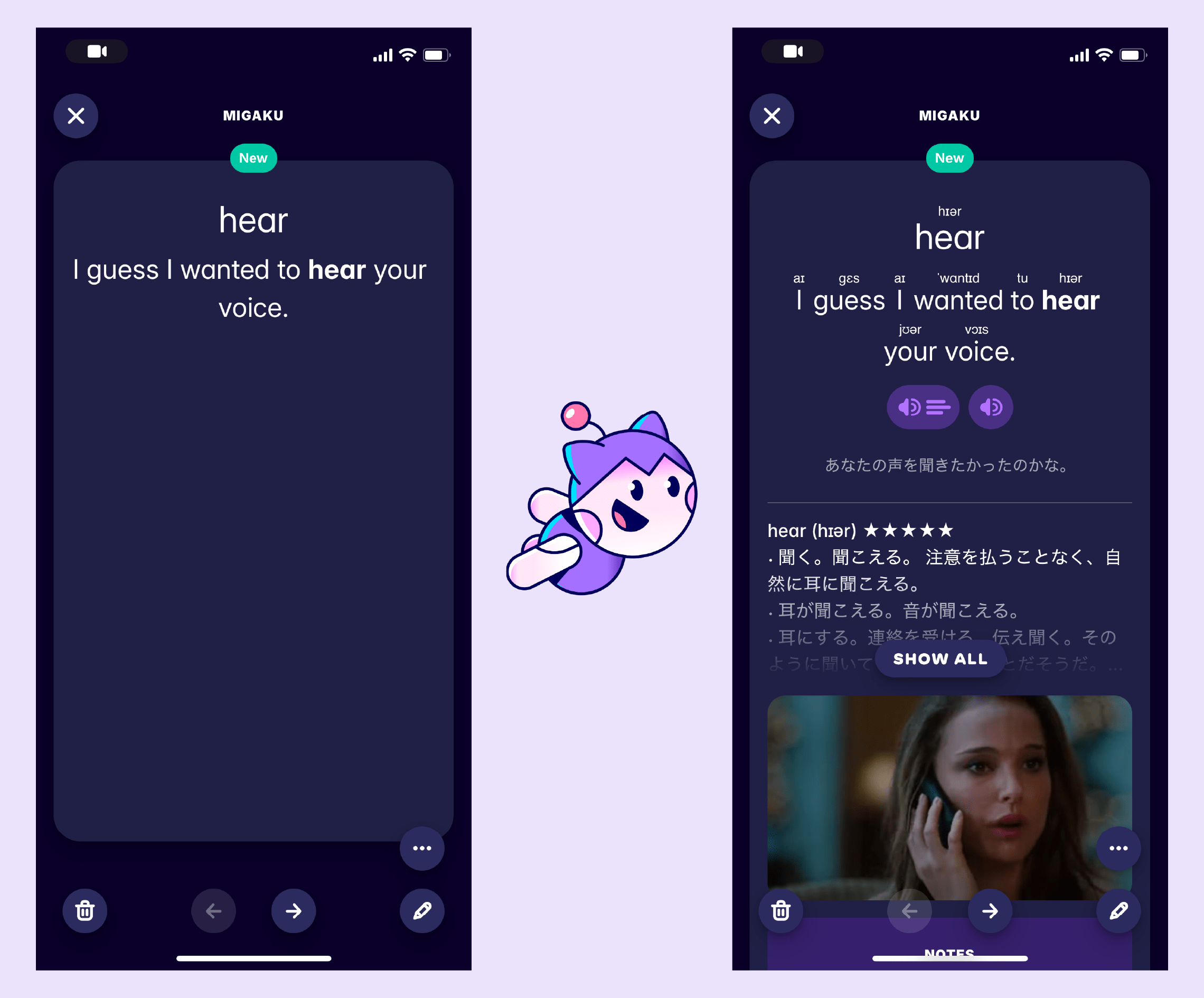 A screenshot of a flashcard that Migaku created automatically from a YouTube video