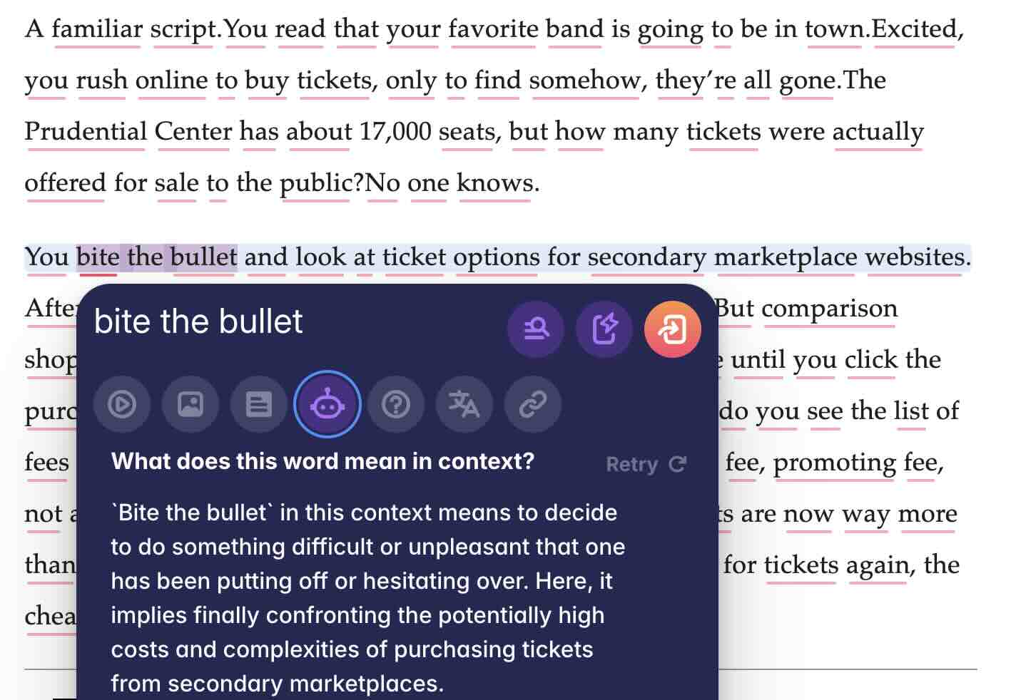 A screenshot of Migaku showing what the idiom 'bite the bullet' means.