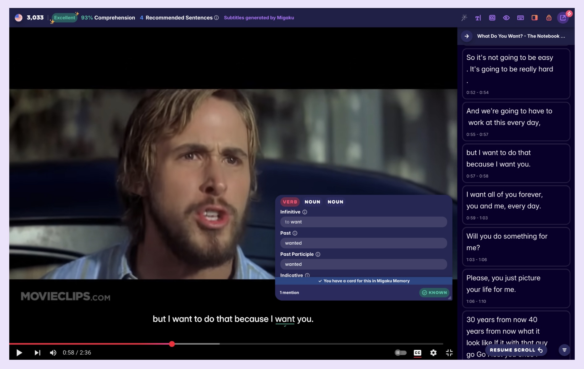 A screenshot from the movie The Notebook, showcasing Migaku's ability to show you the various forms of a verb